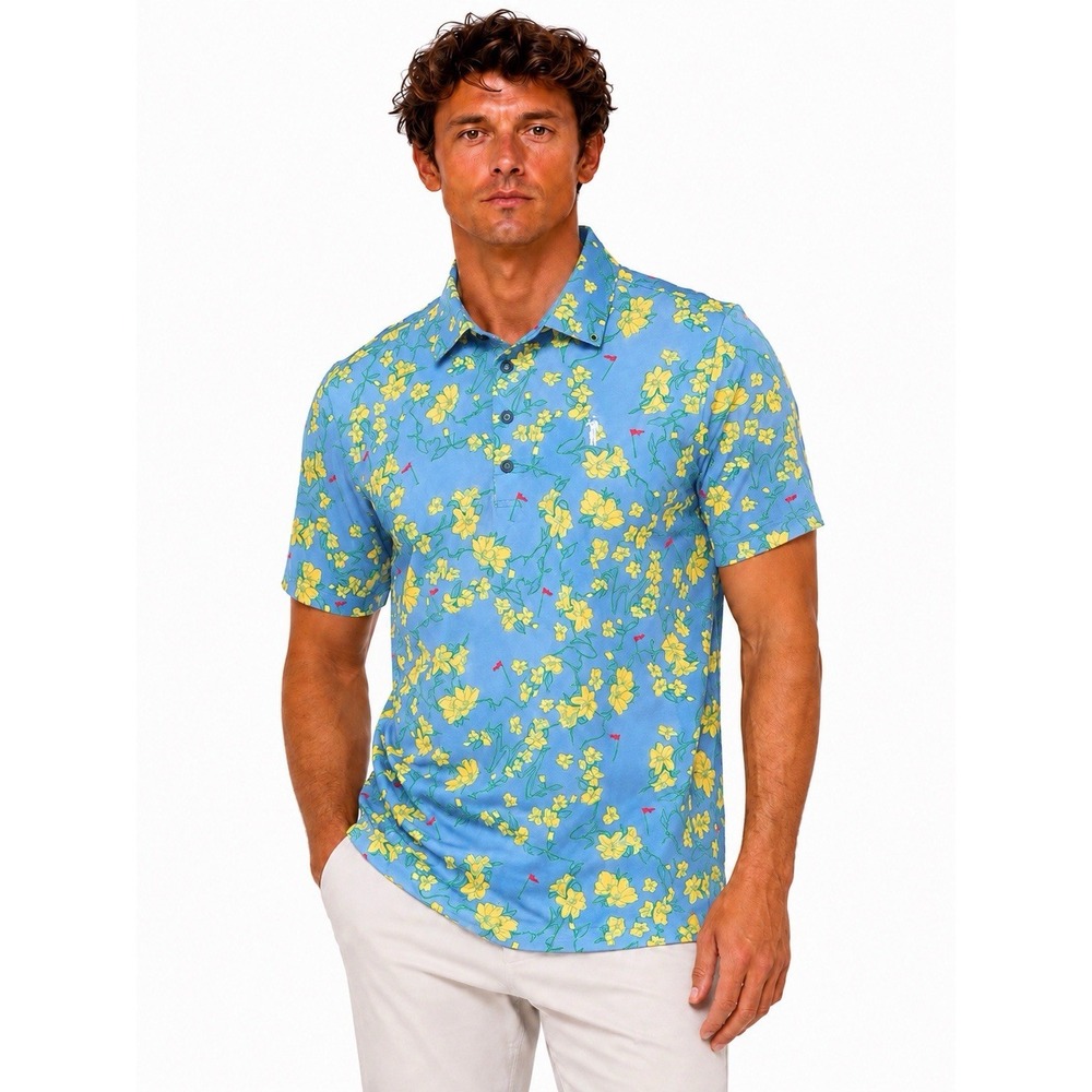 William Murray Golf Men's Carolina Jasmine Polo Large Sky Blue Yellow Green NWT